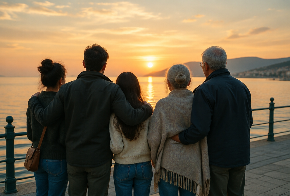 Un grupo de personas de distintas edades, de espaldas, abrazadas mirando el amanecer junto al mar.