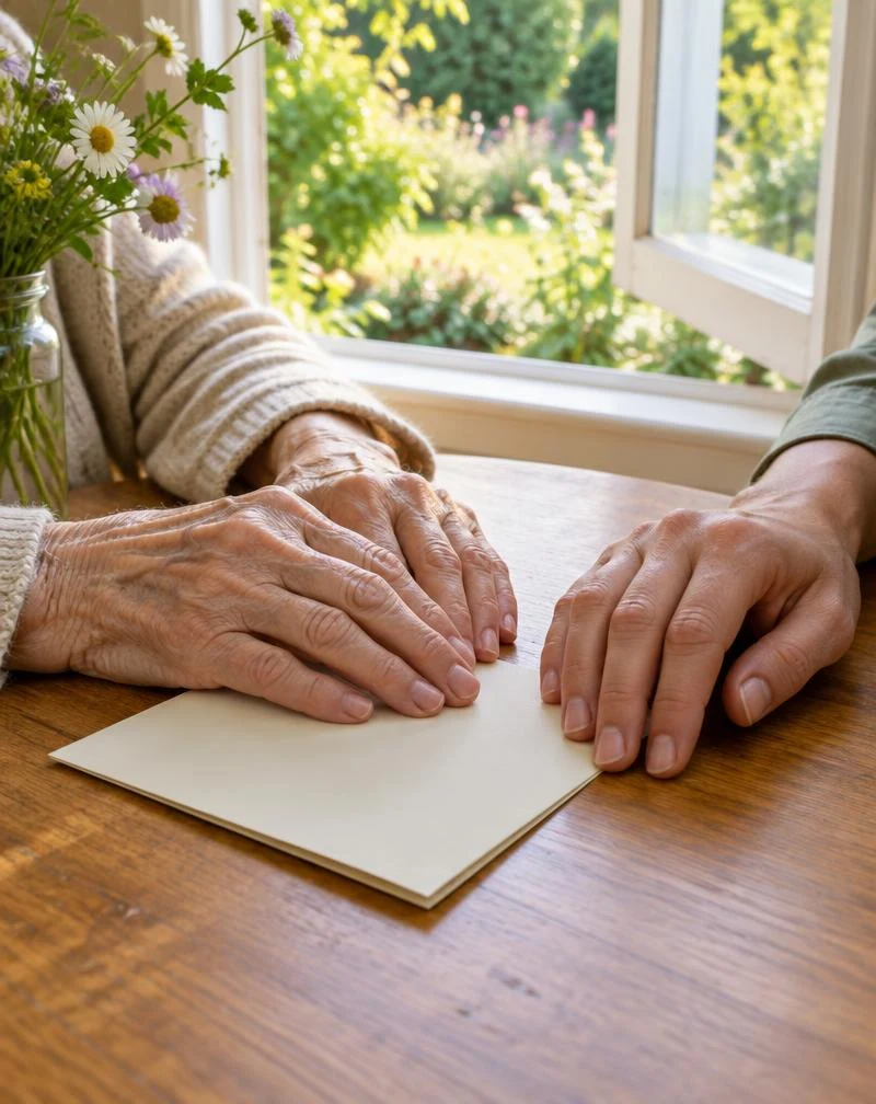 Las manos de una persona mayor y de quien la acompaña descansan junto a una carta sobre una mesa, con un jardín al otro lado de la ventana. No aparecen rostros.
