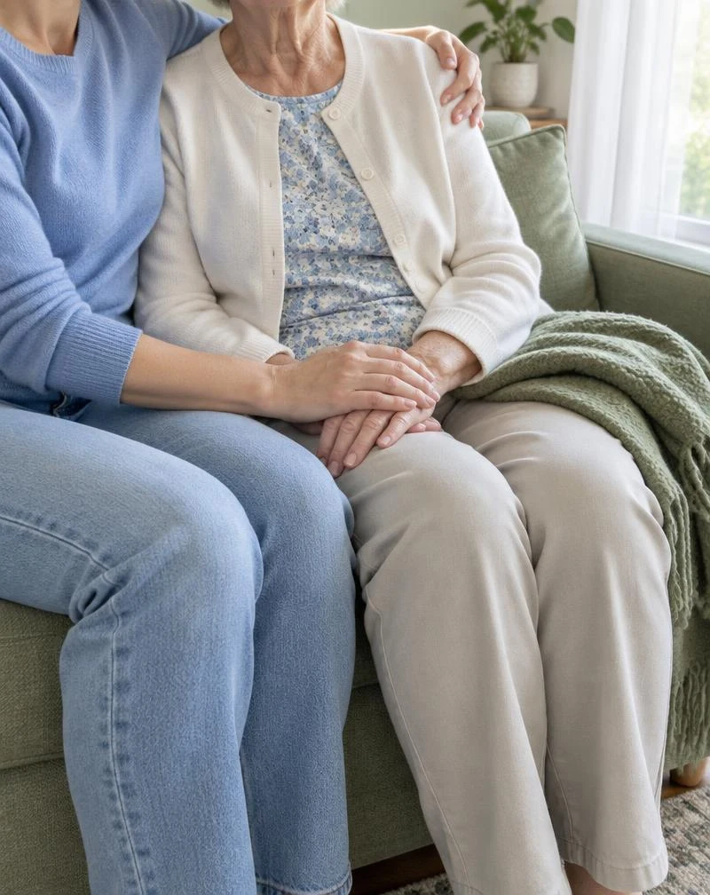 Dos personas sentadas juntas en un sofá verde junto a una ventana. Una rodea con el brazo los hombros de una persona mayor y apoya la mano sobre las suyas, en su regazo. Sus rostros quedan fuera del encuadre.