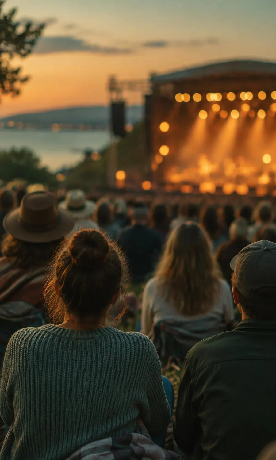 El público de un concierto al aire libre, visto desde atrás, con las luces del escenario al fondo.