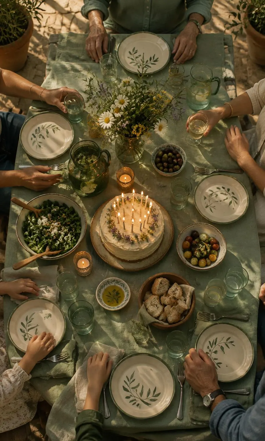Una mesa larga en un patio, vista desde arriba, con manos de varias generaciones y una tarta con velas.