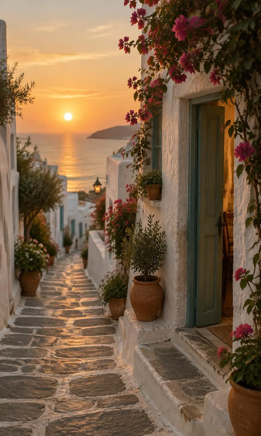 Una calle encalada de un pueblo mediterráneo al atardecer.