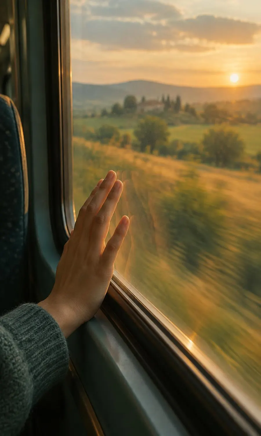 Una mano apoyada en la ventanilla de un tren, con el campo dorado al otro lado.